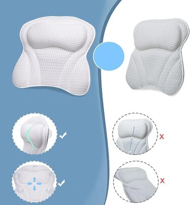 Penelife Bathtub Pillow with 6 Suction Cups - Ergonomic Bath Pillow with 4D Air Mesh Technology - Neck Pillow for Optimal Relaxation - White Bathtub Cushion