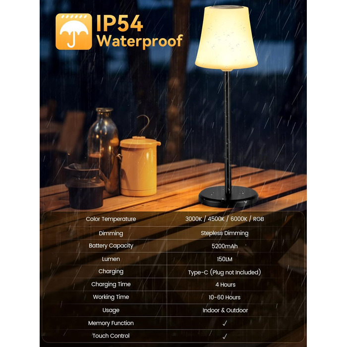 LED настільна лампа акумуляторна 2 шт, біла, IP54, диммування, сенсорне управління, для ресторанів, спальні