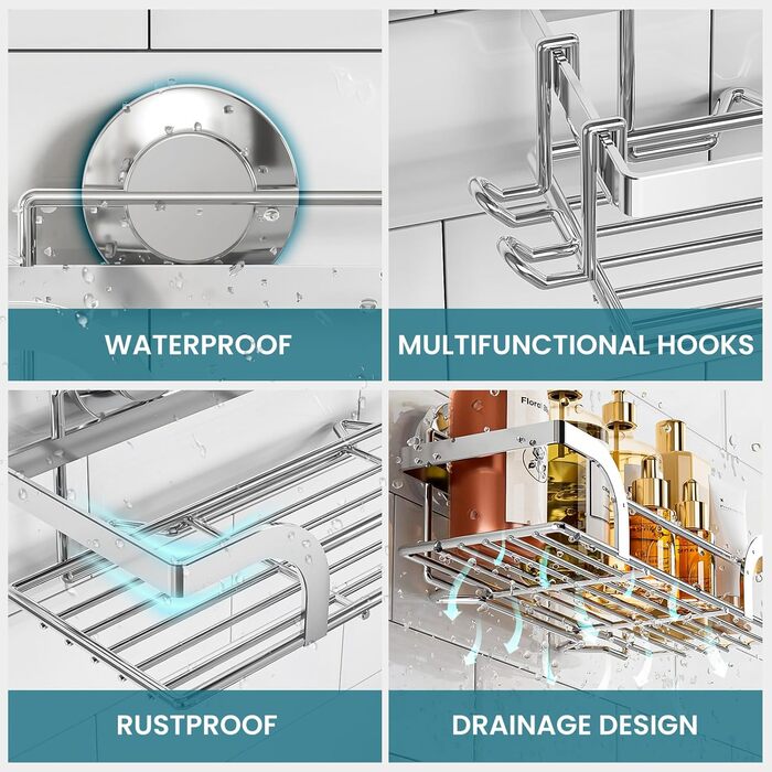 Поличка для душу TAILI без свердління, регульована, набір 2 шт. з гачками, нержавіюча сталь, чорний/срібний, органайзер для душу, кухні, ванної кімнати
