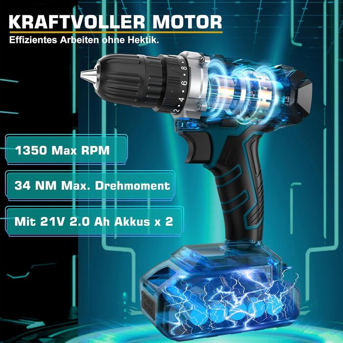 Набір інструментів Sundpey 255 шт. з акумуляторною дриль-шуруповертом 21V - Ящик для інструментів з шуруповертом, акумулятором 2 * 2000mAh, ящик з шухлядою для ремонту дому та автомобіля (Чорний)