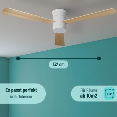 Стеляний вентилятор Noaton® Fornax Weiß з підсвічуванням, діаметр 132 см, DC мотор 40 Вт, регульоване LED-освітлення 22 Вт, 3 колірні температури, пульт дистанційного керування, таймер, повітряний потік до 185 м³/хв (Zoya WL)