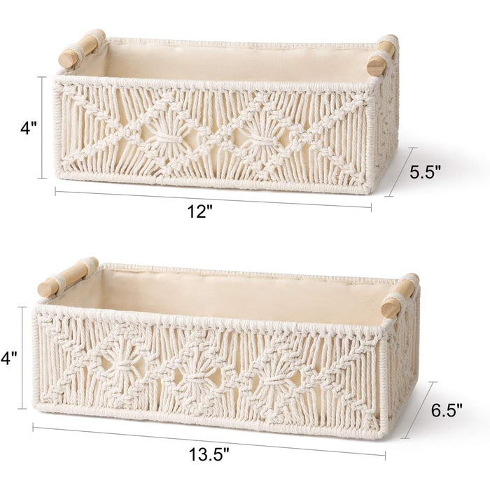 Macrame Hand Storage Baskets Decorative Box Handmade Woven Desktop Vanity Organizer Shelf Closet Organizer, Boho, for Bedroom, Kids' Room, Living Room, Set of 2, Ivory