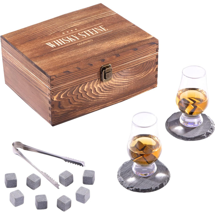 Набір склянок для віскі з аксесуарами та охолоджувальними каменями - 2 склянки, 8 каменів, пінцет з нержавіючої сталі - подарунковий набір віскі для чоловіків. 2 кришталеві келихи (2 тюльпанових келиха)