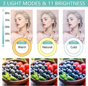 LED кільцева лампа з штативом для телефону 26 см (10 дюймів) - 3 режими світла, 11 рівнів яскравості, регульована, для селфі, макіяжу, стрімінгу