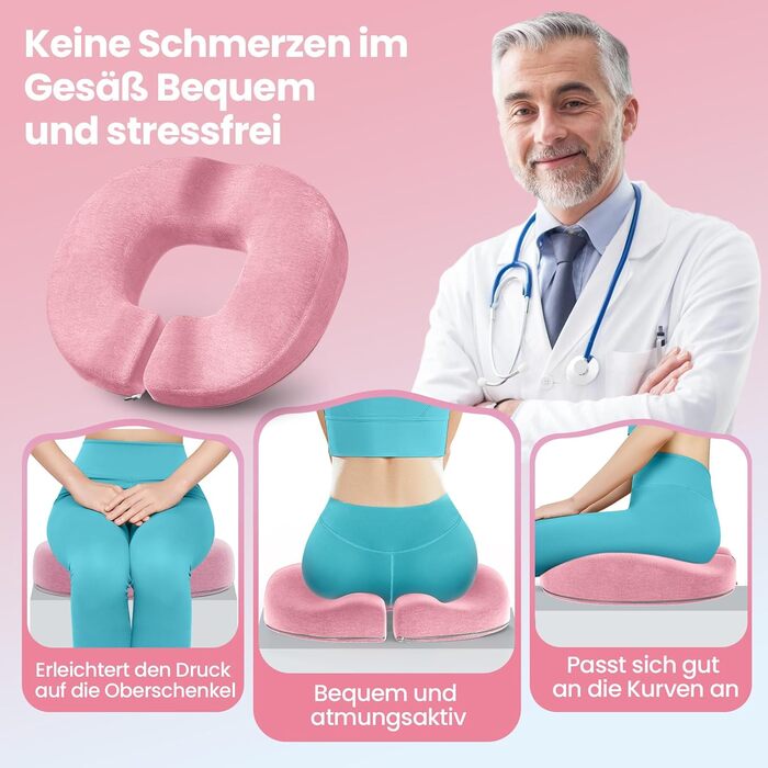 Ортопедична подушка для сидіння Benazcap Donut - для офісних крісел, авто та інвалідних візків. З піною з пам'яті для геморою, ішіасу, вагітності та після пологів (Рожева)