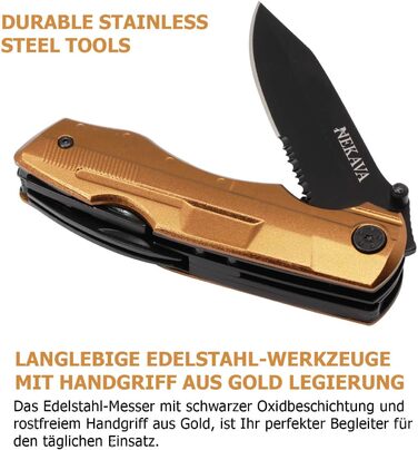 Багатофункціональний інструмент 5-в-1 | Мультитул з складним ножем з чорної нержавіючої сталі та золотим руків'ям. Ідеальний для виживання, відпочинку на природі, побуту. В комплекті безкоштовний інструмент для кредитної картки