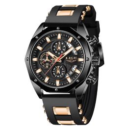 Годинник чоловічий LIGE з датою, кварцовий, аналоговий, чорний, з силіконовим ремінцем, водонепроникний, ретро, хронограф, вінтажний, для чоловіків