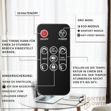 Конвектор DONYER POWER 2500W з Wi-Fi, чорний, з таймером та пультом керування, скло, настінний/підлоговий