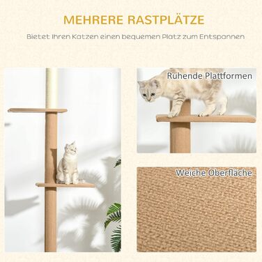 PawHut Cat Tree, Ceiling-High, 228-260 cm Adjustable Height Cat Tree/Climbing Tree for Cats with 3 Levels, Cat Scratching Post, Floor-to-Ceiling Play Tree (Khaki)