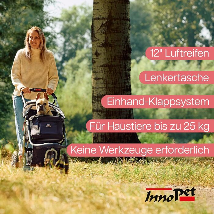 Візок для собак Innopet Comfort Air Eco чорного та срібного кольорів – візок для собак/кішок з колесами діаметром 30 см, складається в одну руку, підходить для лісових стежок – світловідбиваючі смуги, органайзер, перероблений нейлоновий матеріал