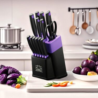 Набір кухонних ножів FIVE COWS з 14 предметів: професійний набір ножів для дому з самозаточуванням, включає ніж для стейка та ножиці, покриття захищає від окислення (фіолетовий)