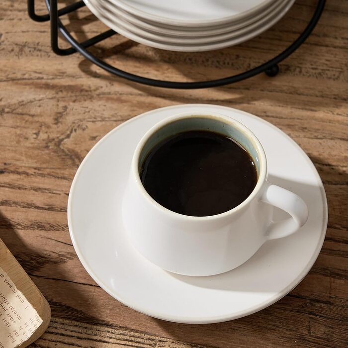 Набір керамічних чашок та підставок для кави з металевим стійкою (6 шт.), 130 мл - Cappuccino, Espresso, Latte, Americano, Чай, чорний колір