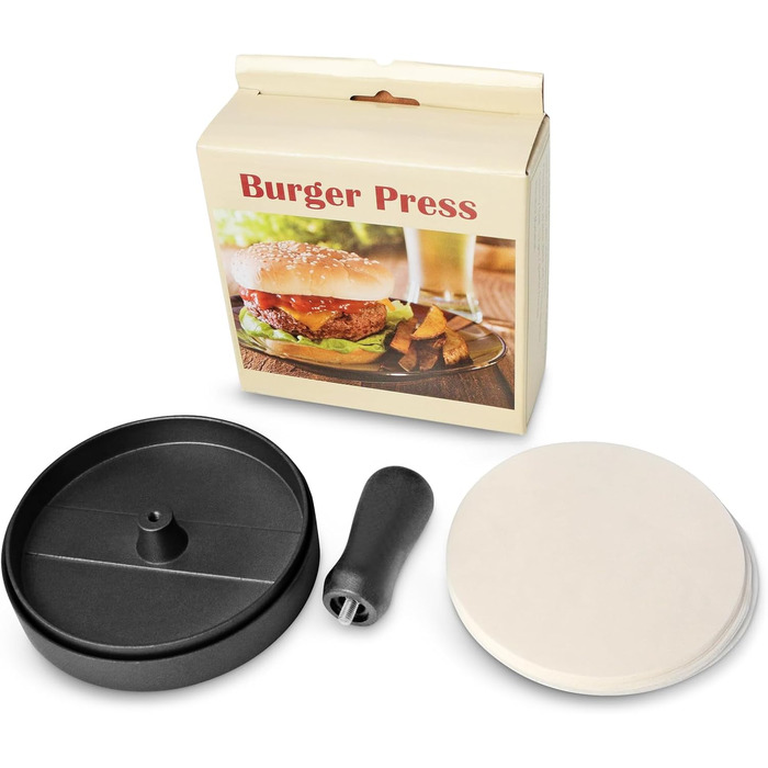 Прес для бургерів з нержавіючої сталі Burgerpresse, з ABS-ручкою, антипригарне покриття, 11,5 см, 50 листів для паті, чорний