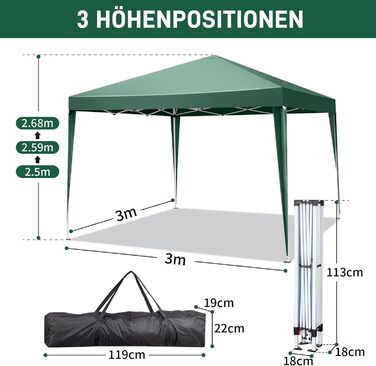 LEADZM 3x3m Pavilion, Pop-up Folding Pavilion, Stable, Waterproof, Steel Frame, Adjustable Height, UV Protection 50+, Garden Tent, Party Tent, for Garden, Party, Camping (Green)