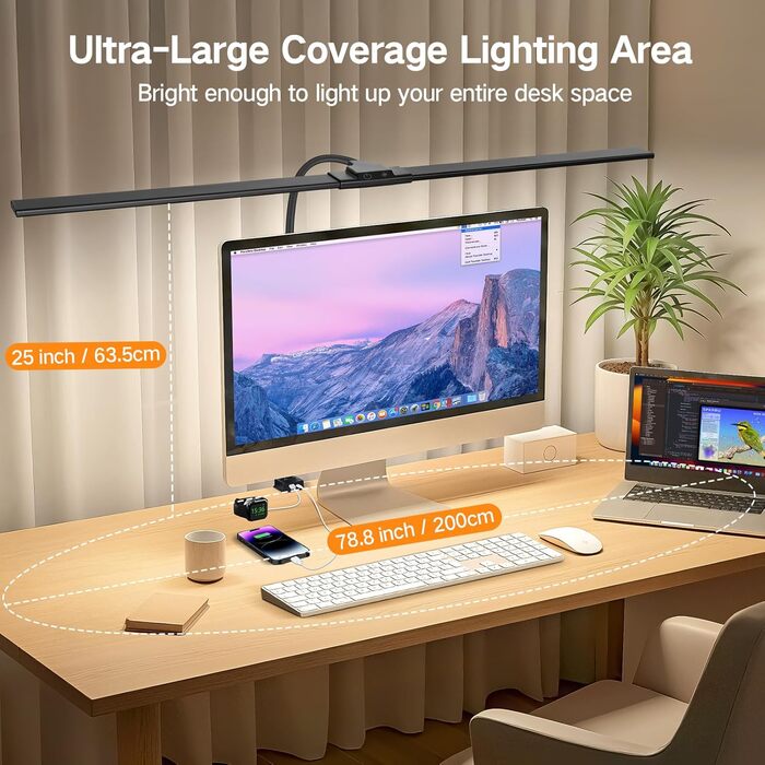 OUTON LED лампа настільна з двома головками, 85.5 см, USB-A & C, регульована яскравість 1600LM, 5 температур кольору, таймер, кріплення, для офісу та дому, чорний