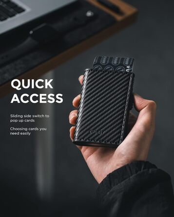 VULKIT Картхолдер Pop-up RFID захист. Шкіряний картник для 11 карток та купюр. Чорний карбон