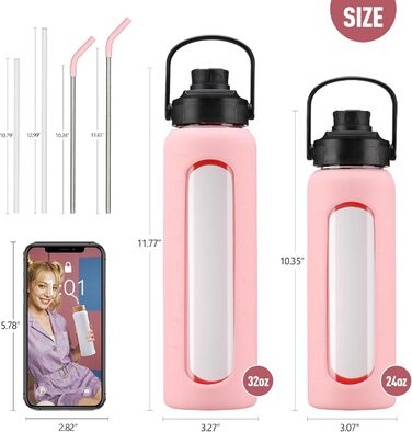 BLUEGO Glass Water Bottle - Sport Water Bottle with 2 Lids and Straw Leak-Proof Glass Bottle with Time Marker and Measuring Scale BPA Free, (Pink, 700ml)