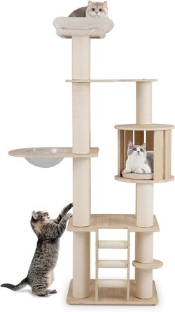 Дерев'яний котячий комплекс COSTWAY 197 см з гамаком, будиночком та кошиком, 7-ярусний, бежевий