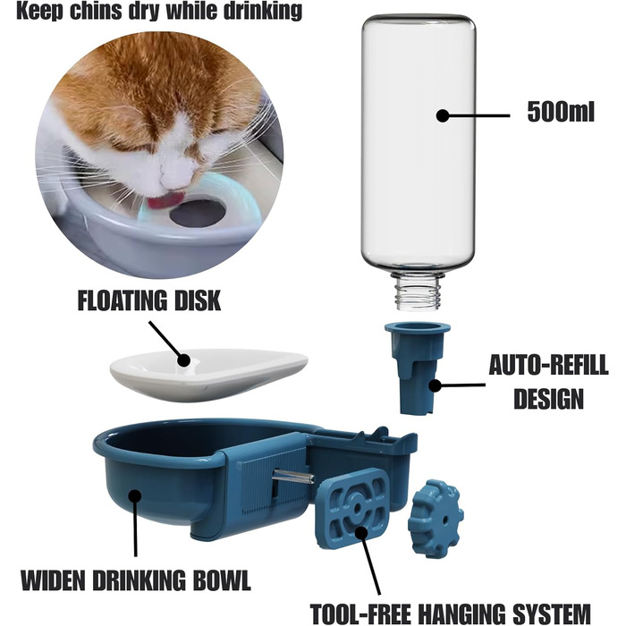 Автоматичний поїльник для собак у клітку, 480мл, антиперелив, фонтанчик для собак, котів та кроликів (Блакитний)
