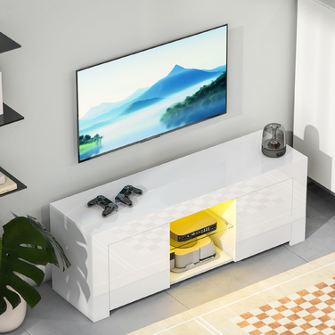 Телевізійна тумба HOMCOM з LED-підсвіткою, 2 дверцятами, скляною полицею, отворами для кабелів, для вітальні, виготовлена з ДСП, білого кольору.