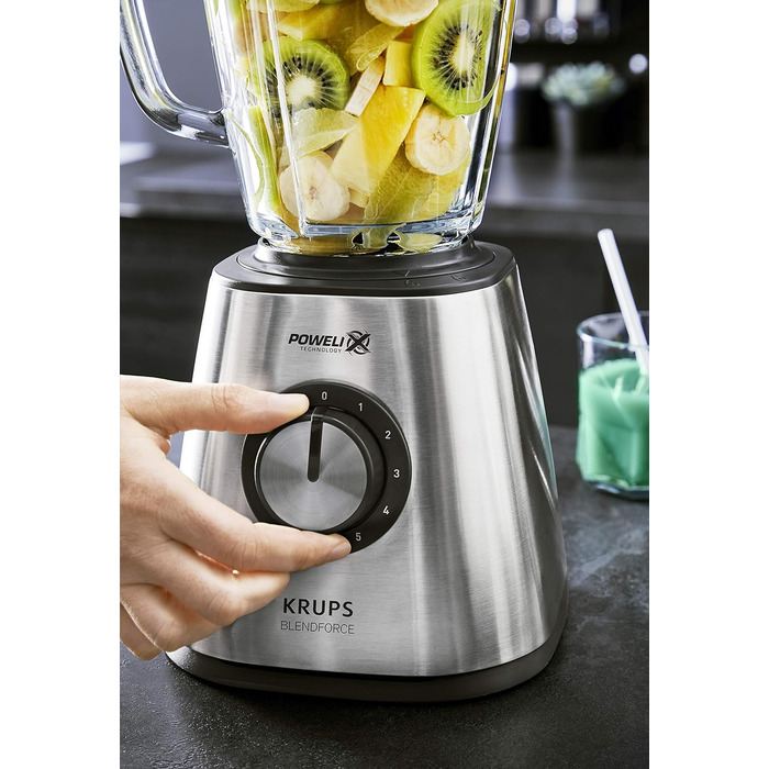 Krups KB439D Blendforce 2 Blender | 800 Watt | 5 Speeds | Pulse Function | 1.75 Liter Tritan Glass Container (Usable Volume: 1.25 Liters) | Shatterproof | Ice Crusher | Stainless Steel