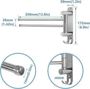 Поворотний тримач для рушників JSVER на 180° з нержавіючої сталі, 4-х віяльний, для ванної, кухні та гардеробу (срібло)
