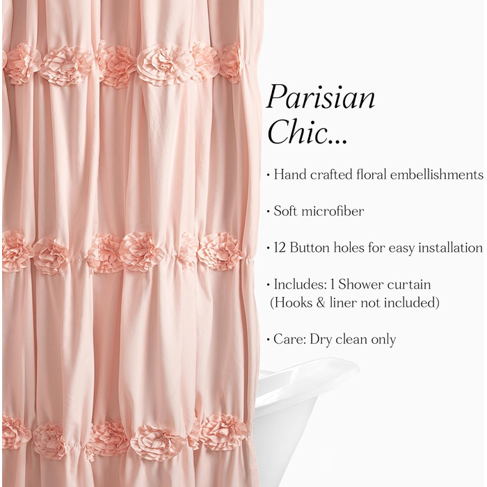 Штора для душу Lush Decor Darla з рюшами та квітковим малюнком, поліестер, біла, 183x183 см (Пудровий)