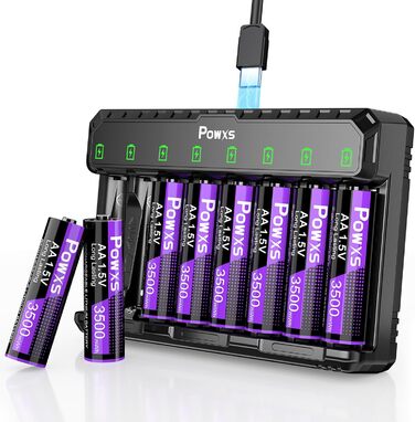 POWXS 8 x AA 3500mAh літієві акумулятори з 8-портовим швидким зарядним пристроєм з LCD-дисплеєм | Швидка зарядка та стабільна напруга 1.5V | Для геймпадів, LED-ліхтарів, пульт дистанційного керування