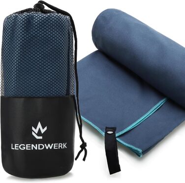 Рушник з мікрофібри Legendwerk® 160x80 см – швидковисихаючий, компактний, для подорожей, фітнесу, міста та відпочинку на природі – легкий, стильний, з сумкою та петлею для підвішування, 1 шт. (Дарк Блю)