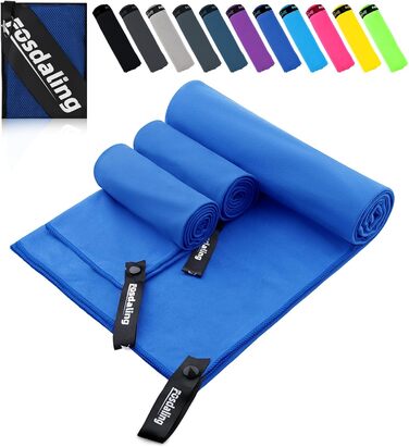 Набір з 3-х рушників з мікрофібри (великий 160x80 см та 2 маленькі 80x40 см), швидковисихаючі, для фітнесу та спорту, для пляжу, ванни, спорту та подорожей (Королівський синій)