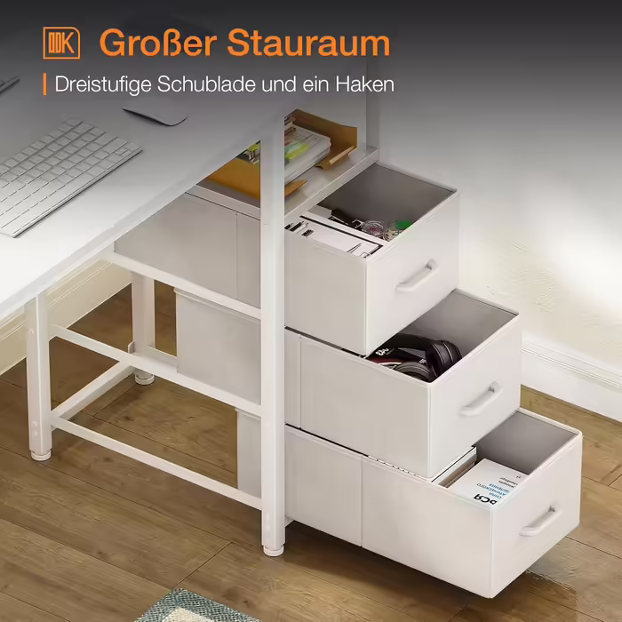 ODK Desk with 3 Fabric Drawers, Computer Desk with 2 Sockets and USB Ports, Reversible PC Desk Office Desk for Home Office (White, 120x48x75.5 cm) 120x48x75.5cm White