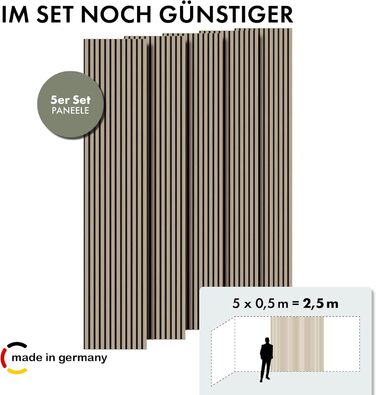 Акустичні панелі Momento з натурального дуба 240x50 см, набір 5 шт. — 3D ламельна стінова облицювання для шумоізоляції, колір Дуб Натуральний, чорний фетр (Made in Germany)