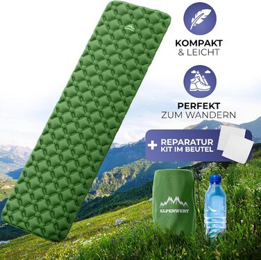 Надувний туристичний килимок Alpenwert ультралегкий, компактний, зелений – ізомат для кемпінгу, походів, подорожей