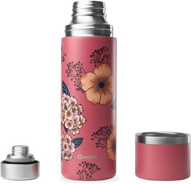 Qwetch Stainless Steel Thermos Flask 750ml - Insulated Water Bottle & Coffee Thermos with Recycled Stainless Steel Cup - 24h Cold & 12h Hot - Leakproof, BPA-Free, Perfect for Coffee & Tea - Brushed Stainless Steel (750 ml, Anemone Design)