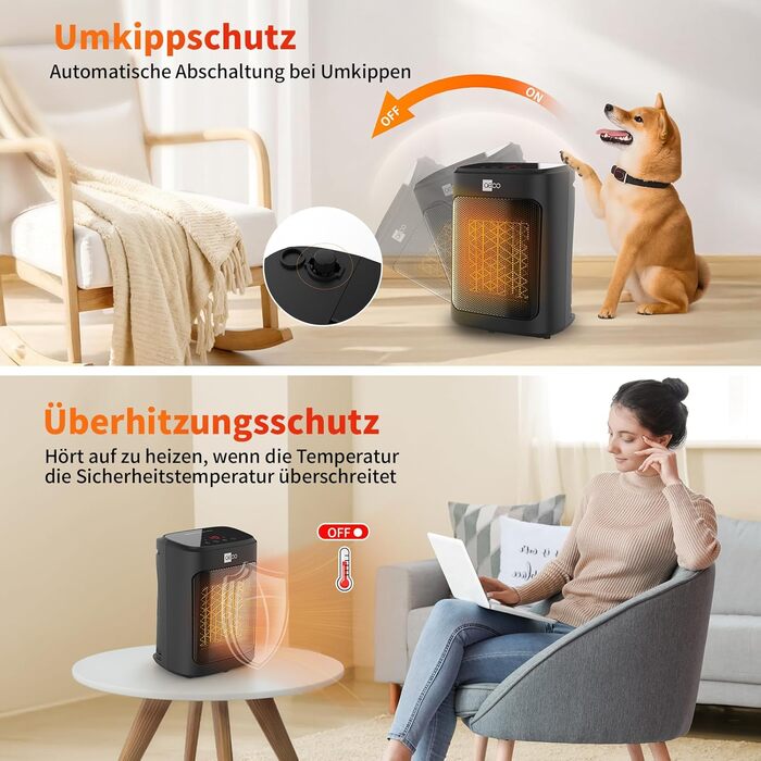 Електричний обігрівач Aeco EcoHeat Boost 58 см з пультом керування, 2000W, LED ECO-режим, таймер 24H, 4 режими, тиха керамічна панель, термостат, захист від перегріву та перекидання