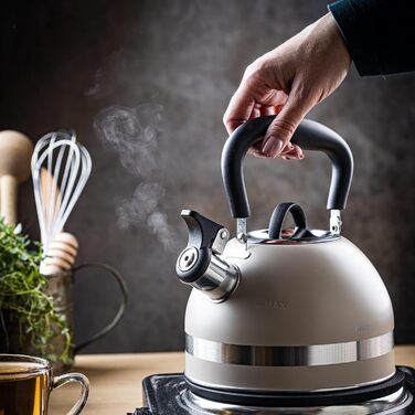 Чайник Kinghoff 1.8L з нержавіючої сталі з свистком, для індукційних плит, компактний, з відкидним ручками, чайник для плити, матовий (Бежевий)