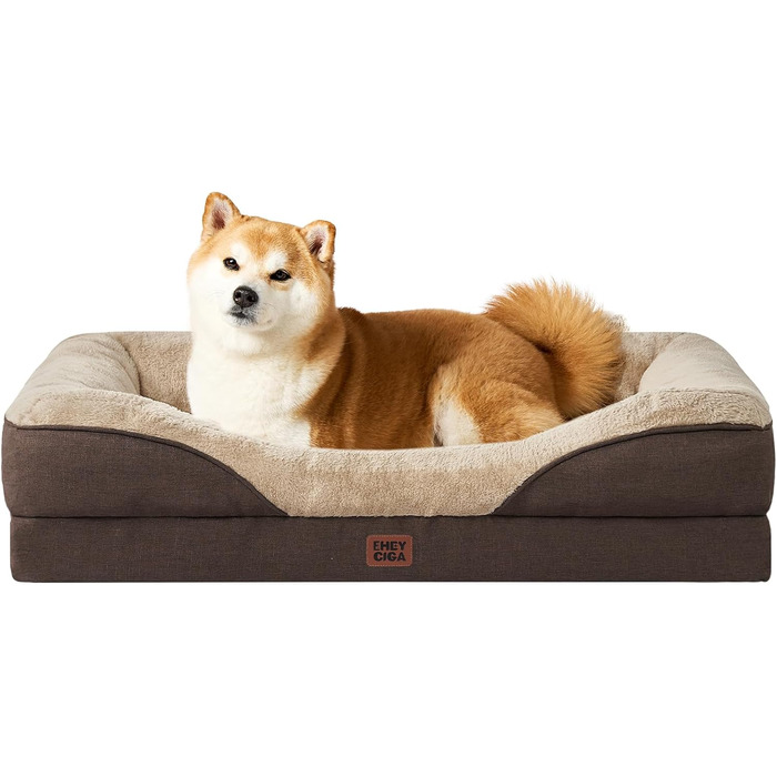 Ортопедичне ліжко для собак EHEYCIGA, 76x51x16.5 см, Memory Foam, миється, водонепроникне, з бортиками, антиковзаюче, коричневе