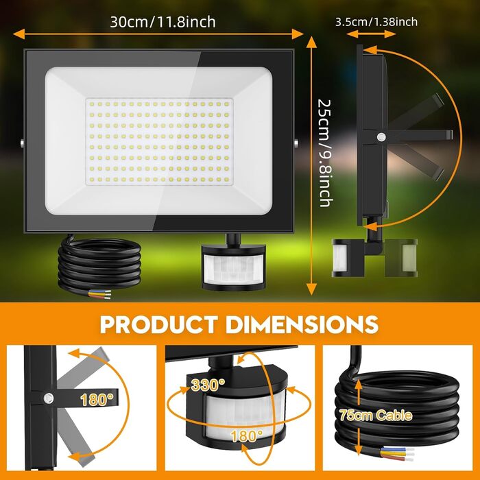 papasbox 2 Pack LED Floodlights with Motion Sensor and Light Sensor | Outdoor Floodlights/Spotlights with Remote Control | 6500K Cool White IP66 Waterproof Floodlights for Garden, Garage, Sports Field (150W, 2 Pack)