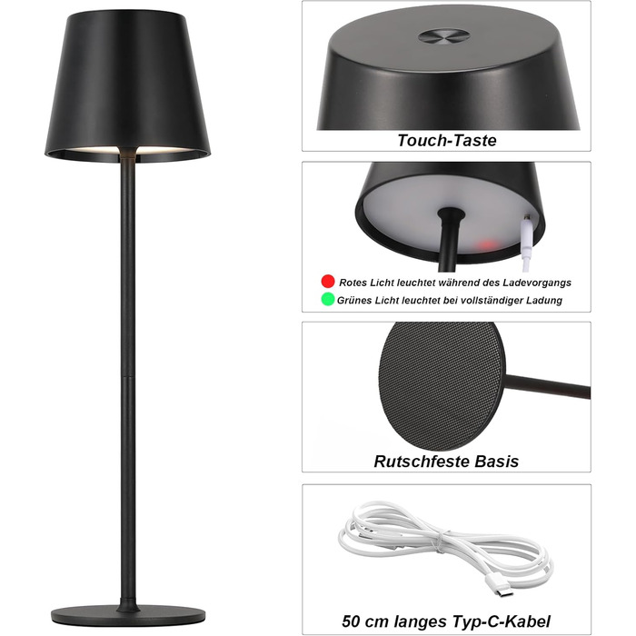 Акумуляторна настільна лампа LED бездротова з USB-C зарядкою, димується, 3 режими світла, чорна - для дому, кемпінгу
