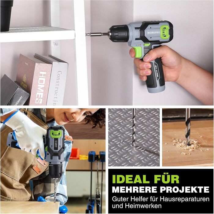 WORKPRO 8V Акумуляторний дриль-шуруповерт, комплект з кейсом, 2000 mAh, 10 мм патрон, 12 Н·м, LED, 21 шт. аксесуарів, для ремонту та DIY, сірий & зелений
