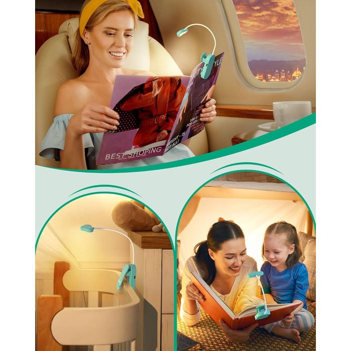 EDISHINE Кліпса-лампа для читання, USB перезарядна, LED лампа для книг, 3 режими кольору, регулювання яскравості, подарунок для дітей, любителів читання (блакитна)