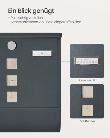 Поштова скринька SONGMICS з замком, оглядовим вікном та відділенням для газет, антрацит, 30.8x33.8x10 см (GMB20AG)