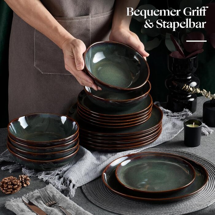 Набір посуду на 6 осіб Onader, 18 предметів: тарілки для сніданку, десерту та обіду, стегонна посуд, мікрохвильова піч, реагуючий мох зелений