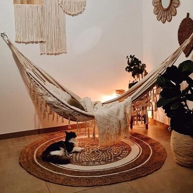 Bellzacasa Large Brazilian Hammock, Fabric Camping Hammock with Portable Bags Ropes for Hanging from Trees Soft Striped Canvas Cotton (Beige)