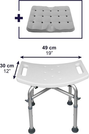 KMINA Shower Stool for Seniors - 150 kg Capacity, Double-Reinforced Crossbar, Cushion, Height Adjustable, Tool-Free Assembly - Made in Europe (White)