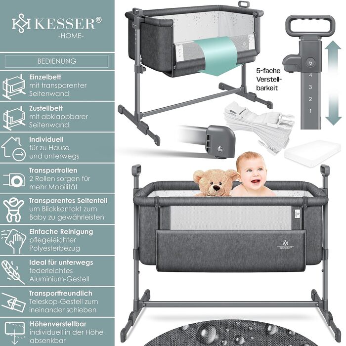 KESSER® Hubi 3in1 Bedside Bed, Travel Bed, Baby Bed with Soft Mattress, Mobile Bed, 5-Level Height Adjustment, Foldable Side Rail for Home and On the Go, Dark Grey