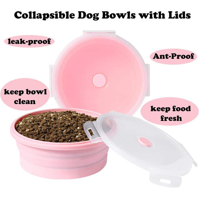 Складані миски для собак з кришкою, 2 шт., портативні миски для собак середніх, великих та малих порід, силікон, для подорожей, для собак/кішок, годівниці/поїлки для кемпінгу, рожевий середній колір