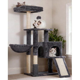 Котячий будиночок Heybly з котячою щіткою, котячий будиночок для домашніх котів з оббитою лежаком з плюшу, котячий когтетоп з кошиком, когтеточкою та когтетопом, сірий HCT005SG