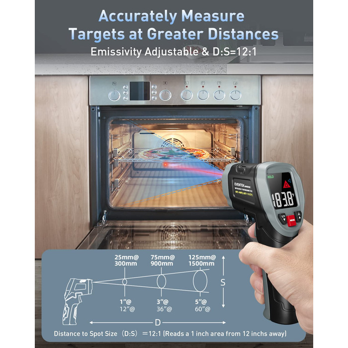 Інфрачервоний термометр Eventek -50°C до 600°C з лазером, регульована випромінювальна здатність, цифровий, LCD дисплей. Для гриля, піци, кухні, промисловості (чорний з аксесуарами 3 в 1)