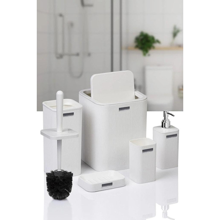 Набір аксесуарів для ванної кімнати Luxus Modern: органайзер для зубних щіток, стаканчики, контейнер для ватних паличок, тримач для туалетного йоржика, мильниця, сміттєвий бачок, дозатор мила (Чорний) (5 шт., Білий)